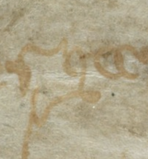 Close-up screenshot of a minuscule letter g, written in a messy medieval script using brown ink on a brownish grey page.