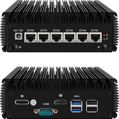 Picture of the "NRG IPU651" desktop variant (https://www.nrg-systems.de/produkte/ipu651.html), showing the back side and the front side.

Interface elements at the back side: DC 12V power in (barrel plug), 6 Ethernet ports, two status LEDs (HDD, Power).
Interface elements at the front side: DisplayPort, power button, HDMI port, 2x USB 3 port, 2x USB 2 port, RS232 port.

Casing: Metal, black, with cooling ribs for passive cooling.