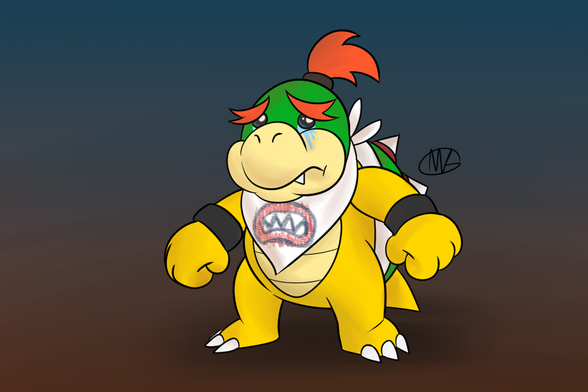 Bowser Junior, with a sad face and tears in his eyes. His bandana that he wears across his neck normally has a monster mouth with sharp teeth drawn on with crayons, but now it's a slightly frowning monster mouth with sharp teeth.