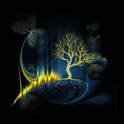 watercolour; dark background with a bright bare tree standing on a pebble covered semi sphere - blue tinted atmosphere, an arc of flames approaching from the left; bubbles of partial reflections of the tree are scattered around the scene randomly - there's a fractal distortion circle partially surrounding the tree.