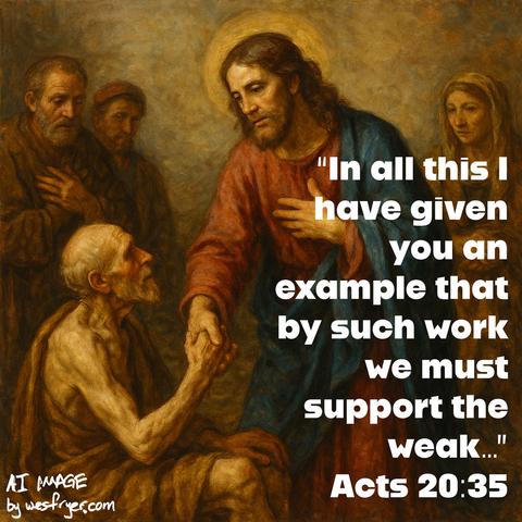 A painting depicting a scene with Jesus interacting with an elderly man, conveying a message of compassion and support. Surrounding figures look on, emphasizing the significance of the moment. The text includes a quote from Acts 20:35 about supporting the weak.