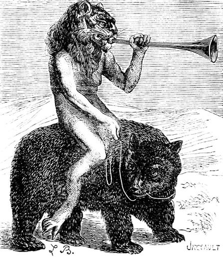 The demonic king Purson (a man with the head of a lion and with a trumpet) riding a bear. An illustration by Louis Le Breton for Jacques Collin de Plancy's "Dictionnaire Infernal."
