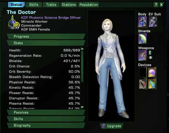 A screenshot from Star Trek Online, showing a Emergency Medical Hologram bridge officer modeled after the Jodie Whittaker reincarnation of The Doctor.