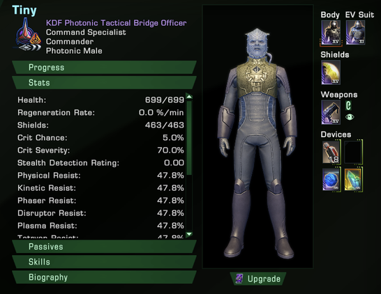 A screenshot from Star trek Online, showing a Jem'Hadar tactical hologram bridge officer named Tiny.