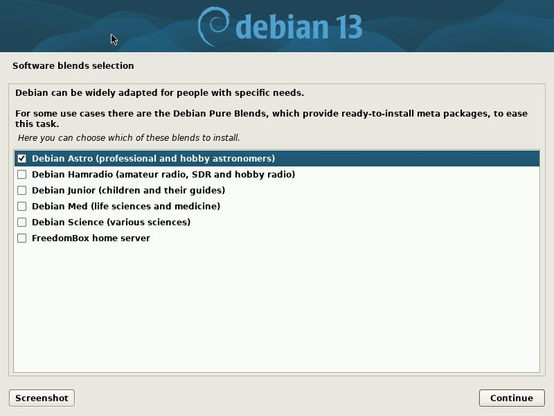 Screenshot of "Software blends selection" screen during Debian 13 "Trixie" installation. It offers (among others) to select "Debian Astro" to install software for professional and hobby astronomers.