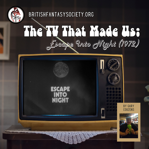 A vintage-looking photo of a 1970s-style mustard and black TV sitting on top of a wooden table, with a doily under the TV. On the TV is the opening title for the series Escape Into Night.