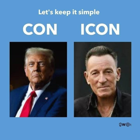 Photo of Trump labelled 'Con' and the one of Springsteen labelled 'Icon'