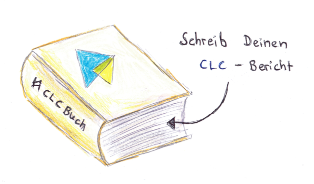 Zeichnung eines Buchs mit CLC-Logo auf dem Cover und dem Schriftzug #CLCBuch. Daneben die Aufforderung "Schreib Deinen CLC-Bericht".