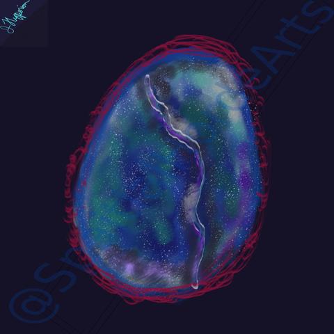 a shimmering blue egg with a crack down surrounded by purple on a black back ground