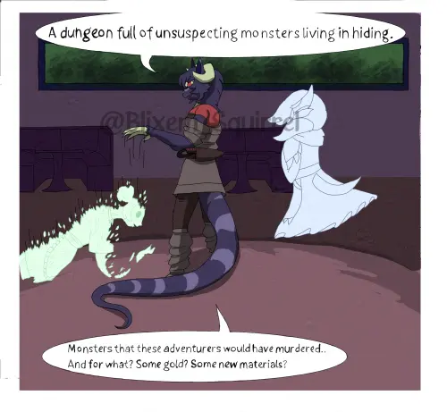 Comic panel of a Taztelwyrm letting her human disguise drop to the ground like a snakeskin, saying, 'A dungeon full of unsuspecting monsters living in hiding. Monsters that these adventurers would have murdered. And for what? Some new materials'?