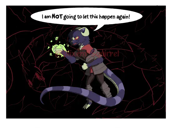 Comic panel of a cartoon anthro Tatzelwyrm saying, 'I am NOT going to let this happen again!'