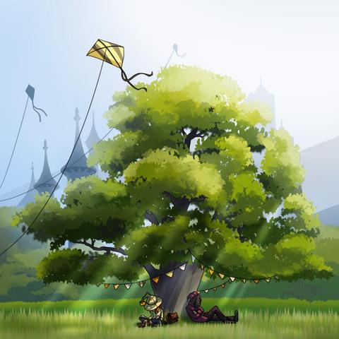 A digital painting of a tree in a fantasy world, two characters are taking a nap in its shadow