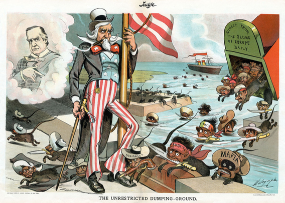 El Tío Sam está de pie junto a una bandera estadounidense y el espectro de William McKinley, mientras un barco "Directamente desde los barrios bajos de Europa diariamente" libera ratas que representan a inmigrantes italianos indeseables, catalogados como mafiosos, anarquistas, socialistas y asesinos.