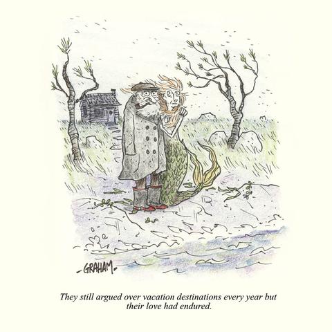 A cartoon illustration of an old sailor man and his mermaid wife standing on a windy rocky seashore. Caption reads "They still argued over vacation destinations every year but their love had endured."