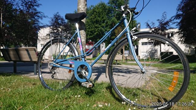 Vélo de ville à col de cygne et cintre recourbé MBK, réparé révisé et nettoyé dans un square boisé sous un soleil de ouf.