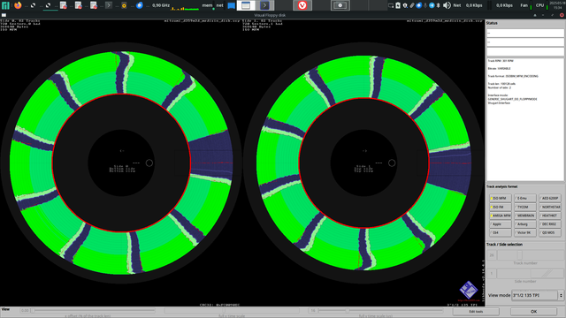 screenshot of hxcfloppyemulator showing a flux image of a 720kb 3.5 inch disk. The sectors are not aligned, some tracks are shifted.