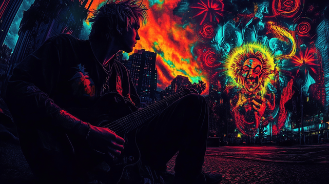 Sérénade Incandescente
Un musicien solitaire joue dans une ville en feu, sous un ciel surréaliste où un clown flamboyant domine un mur d’illusions hallucinées.
A lone musician plays in a burning city, under a surreal sky where a blazing clown looms over a wall of hallucinatory illusions.