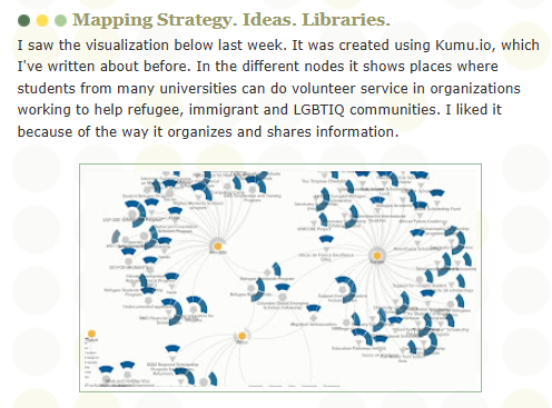 This was posted on the Tutor/Mentor Connection (1993-present); Tutor/Mentor Institute, LLC (2011-present) blog on Sunday, May 18, 2025.

The headline: Mapping Strategy. Ideas. Libraries.

The first paragraph reads: "I saw the visualization below last week. It was created using Kumu.io, which I've written about before. In the different nodes it shows places where students from many universities can do volunteer service in organizations working to help refugee, immigrant and LGBTIQ communities. I liked it because of the way it organizes and shares information."