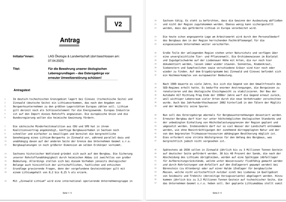 Seite 1 und 2 des Antrages der LAG Ökologie von B90/Grüne Sachsen. Den abgebildeten Antragstext kann ich nicht im ALT-Text wiedergeben, aber bei Bedarf kann einlesbare PDF verschickt werden.