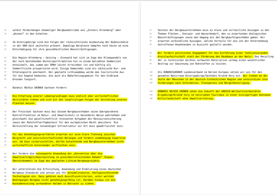 Seite 3 und 4 des Antrages der LAG Ökologie von B90/Grüne Sachsen mit Markierungen. Den abgebildeten Antragstext kann ich nicht im ALT-Text wiedergeben, aber bei Bedarf kann einlesbare PDF verschickt werden.