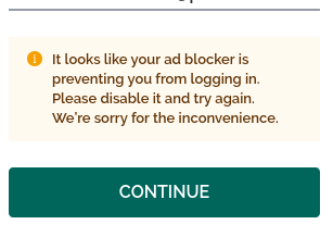 Screenshot of an alert displayed when trying to access The Fork website. The text says "It looks like your ad blocker is preventing you from logging in. Please disable it and try again. We're sorry for the inconvenience".