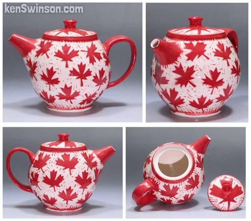 4 photos of a handmade porcelain teapot. it is decorated with hand carved red maple leaves