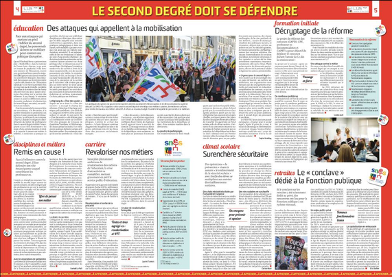 Image de la double page : "Le second degré doit se défendre"
Photo d'une mobilisation du SNES-FSU
Analyses du SNES-FSU :
Éducation : des attaques qui appellent à la mobilisation, par Sophie Vénétitay - secrétaire générale du SNES-FSU
Disciplines et métiers remis en cause, par Gwénaël Le Paih, secrétaire général adjoint du SNES-FSU
Carrière : Revaloriser nos métiers, par Laurent Tramoni, secrétaire national
* Formation initiale : décryptage de la réforme, une attaque contre le métier, par Camille Audé, secrétaire nationale
* Climat scolaire : surenchère sécuritaire au détriment des moyens pour prévenir et apaiser, par Clarisse Macé, secrétaire nationale
* Retraites : le « conclave » dédié à la Fonction publique, par Erick Staëlen, secrétaire national