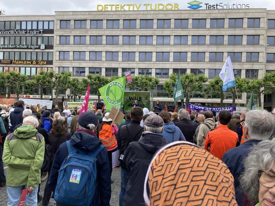 Menschen mit grauen Haaren, Outdoorjacken, Warnwesten, Rucksäcken und Fahnen (man erkennt vegans for future und den VCD) von hinten. Sie schauen auf die improvisierte Bühne (ein kleiner Laster), deren Hintergrund ein Banner von Wald statt Asphalt ist. Im Hintergrund die Häuser neben der Konsti.