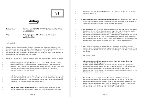 Bild zeigt Seite 1 und 2 des Antrags "Haltung zeigen. Antifaschismus ist Teil unserer politischen DNA" der Grünen Jugend. Der Antragstext kann leider im ALT-Text wegen der Länge nicht wiedergegeben werden. Er kann aber als einlesbare PDF bei Bedarf zugesandt werden.