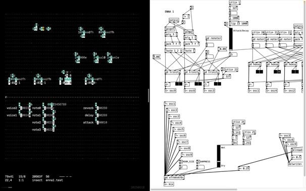 A screenshot showing pieces of software running side-by-side: Orca (left) which is running a Pure Data patched named "ENNA 1" (right).