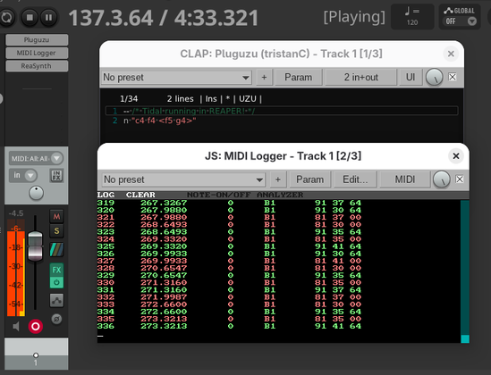 The plugin interface with a MIDI logger to show the playing events.