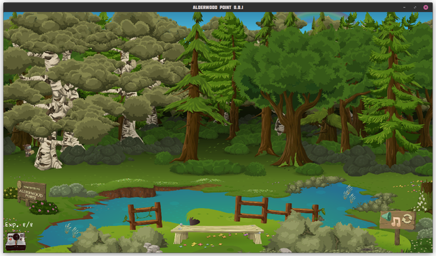 screenie of Alderwood Point, with the glitch game graphics used to make a lovely forest scene. On the right side walking through the trees and bushes is a post apocalyptic postal carrier!