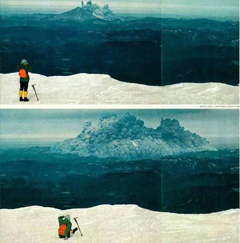 Two color landscape photos stitched together one on top of the other. Top photo shows a mountain climber in black with a red backpack and yellow socks standing on a field of snow watching a distant volcano beginning to erupt. The bottom photo, taken perhaps a minute later shows the entire volcano engulfed in ash as the cloud of ash spreads outward. The climber who was standing on the field of snow has sat down with their hand on their head in shock by the scene before them. Their long handled ice axe remains stuck in the snow next to them.