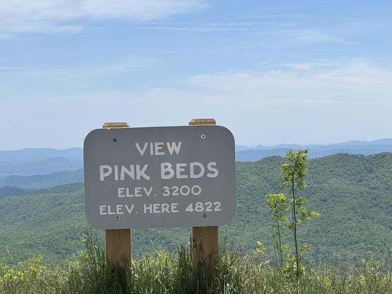 A quick view from an overlook along the BRP shows a sign saying" View Pink Beds Elev 3200 Elev. here 4822)  Behind the sing is a long view of stacked ridges of old, graceful tree-covered mountain ranges.

We are about 2600 feet elevation above our home, and the trees here are weeks behind us.  The peaks (behind us in this picture) still had colorful buds rather than leaves, and one mostly could pick out the spruce and pines, rather than any green on deciduous trees.  So much variety here.  And it was about 7 degrees cooler, too.