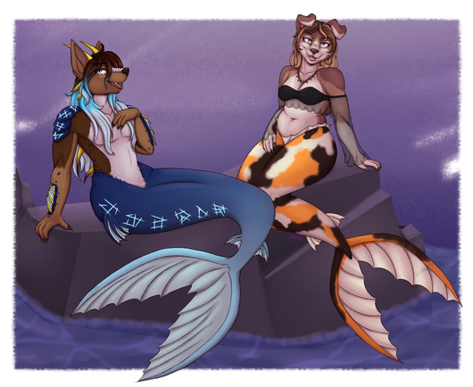 A colored sketch of two sirens sitting on a rock out in the ocean. On the left is a brown and tan dragon folf hybrid with a blue tail, silver scales lining their belly, and yellow horns/spines. They seem to be singing.
On the right is a brown and cream labsky dog with a jagged koi tail. She is wearing a sheer black top and tooth necklace, with a wicked grin on her face.