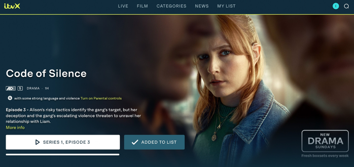 A screenshot of a brilliant itvX show Code of Silence.