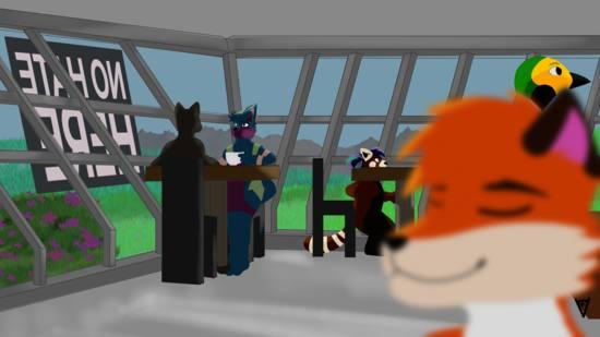 A group of anthropomorphic furries relaxing. A transgender cat talking with a bigender husky. A cuddly red panda, a parakeet about to order, and Kakitsune relaxing with his eyes closed.