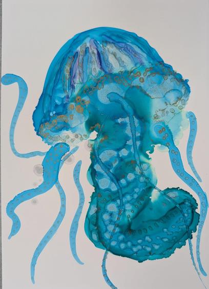 Artwork, alcohol ink, a blue jellyfish in different shades of blue