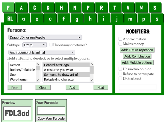 the encoder tool interface, with the aspects of my own fursona selected