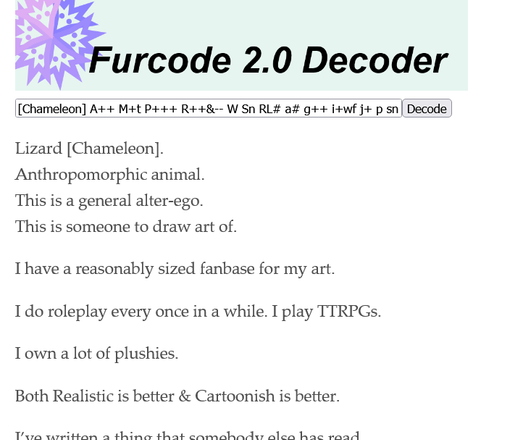 the decoder tool interface, with my furcode in the input box and its meaning written out underneath
