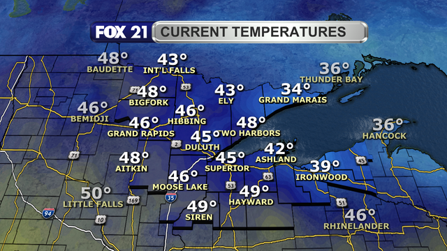 Temperatures in the Northland just before 2 p.m. on May 18, 2025, range from 34 to 49 degrees Fahrenheit.