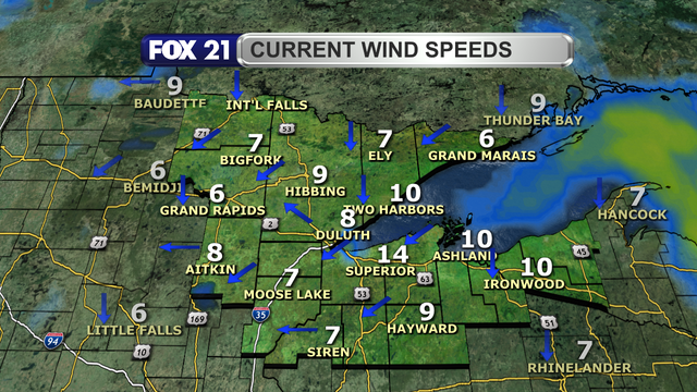 Wind speeds in the Northland just before 2 p.m. on May 18, 2025, range from 6 to 14 mph.  Wind direction is primarily from the northeast and east.