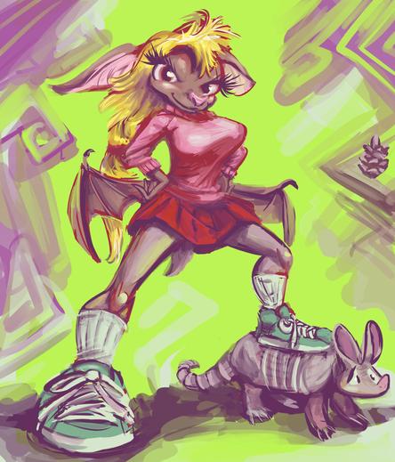 anthropomorphic creature loosely based on a bat wearing a tight pink sweater, short red skirt and green sneaker shoes, standing with one foot on a concerned armadillo, in front of a nonsensical backdrop