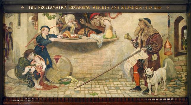 The mural "The proclamation regarding weights and measures, 1556" by Ford Madox Brown. On the right, an old blind man with white dog rings a bell while holding a scroll, apparently announcing the new decree. Listening to the announcement are a grocer leaning out his store window, looking a little annoyed by the disruption, the grocer's wife grating cheese over some food, a young man with archery bow possibly trying to trade goods with the grocer, and a peasant with baby sitting on the ground who doesn't appear to know what's going on. A giant wheel of cheese sits on the sidewalk under the grocer's window.