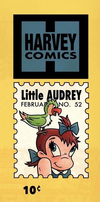 Young girl with brown hair tied with two blue  bows, one on the top her head the other at the back of her neck. She is wearing a blue dress with a white collar, a mostly green parrot is standing on her head, above them is the square, black and blue Harvey Comics logo.