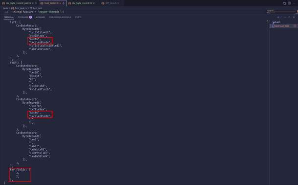 ...one record on the left and the right stand out in that they share the same value in two fields at field index 2 and 3. One can see that those are the key fields of the CSVs, because at the very bottom of the terminal output, it says "key_fields: {3, 2}".