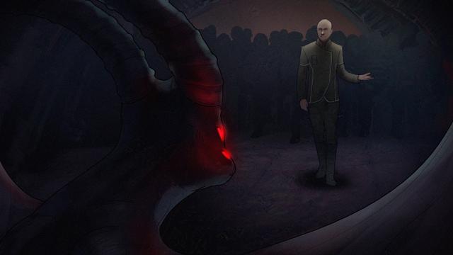 Image by twiffcane99.

Captain Carl Schafer makes an impassioned plea to the Eyrian auditor.

Little can be discerned of the arena that they are in as it is so dark. The Eyrians exist in an environment with practically no light, so they accommodate only the dimmest of illumination for the accused.

The Eyrian itself regards the waffling human with cynicism. They have little respect for humanity, a species they deem to be destructive and selfish.

All we can see of the auditor is a vague shape. The most noticeable feature is its four eyes, glowing a deep scarlet and casting a little light over what can only be described as a beak. Behind the eyes, are some horns, and leathery wings that protrude from its back.

Despite being an alien, there is something deeply satanic about its appearance, and its presence inspires fear in the humans that accompany Schafer.