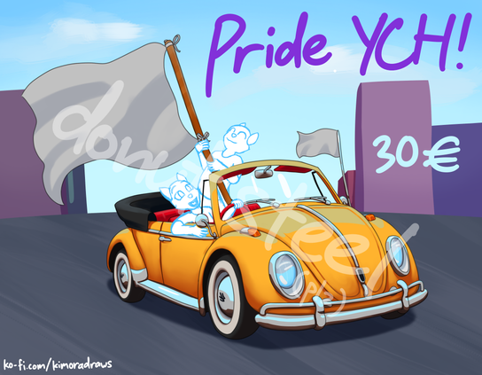 A YCH template of two characters in a yellow open top car, one's driving and one's waving a large flag.

Text:
Pride YCH!
30€
ko-fi.com/kimoradraws