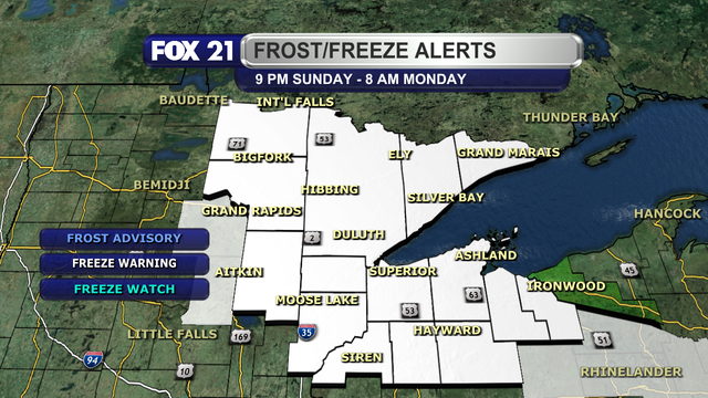 A Freeze Warning is in effect for the Minnesota and Wisconsin regions of the Northland from 9 p.m. Sunday, May 18, 2025, through 8 p.m. Monday, May 19, 2025.