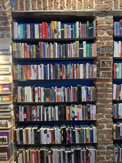 Shelves on a bookstore with many colorful books framed by brick columns with a sign that reads “Universal Literarure” in Spanish